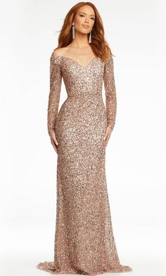 Ashley Lauren - 11176 Long Sleeve Sequin Gown Train Fashion, Ashley Lauren, Sequin Evening Gowns, Sheath Skirt, Off Shoulder Gown, Dramatic Style, Off Shoulder Jumpsuit, Trumpet Gown, One Shoulder Gown