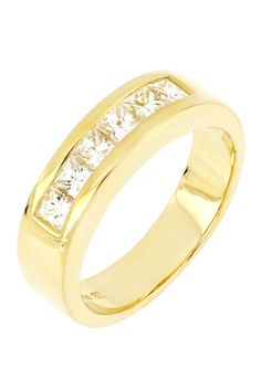 a yellow gold wedding ring with princess cut diamonds on the sides and channel set in the middle