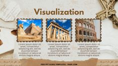 an old postcard with three pictures of ancient buildings and the word visualization on it