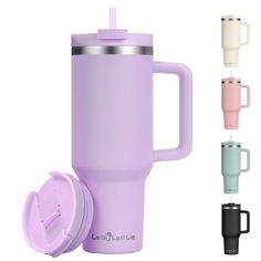 thermos cup with lid and handle is shown in different colors