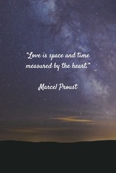 a person standing on top of a hill under a night sky with the words love is space and time measured by the heart