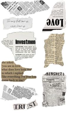 newspaper paper cutouts with different types of words and phrases on them, including the word trust