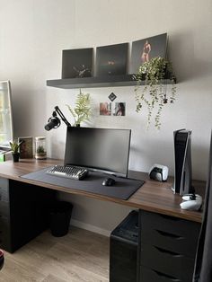 a desk with a computer on top of it next to a plant and other items