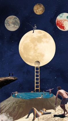 a man standing on top of a ladder in front of a giant moon and other planets