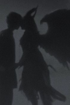 the shadow of two people kissing in front of a dark background with an angel's wing