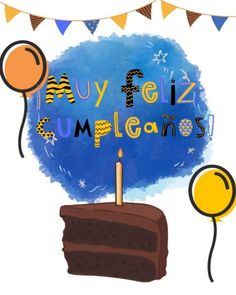 a birthday cake with candles on it and balloons around it that says buy feliz cumpleanos