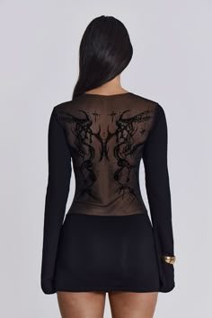 Black Wings Mesh Dress Fluted Sleeves, Transparent Dress, Club Night, Black Wings, Jaded London, Design Artwork, Looks Black, Lace Midi Dress, Long Sleeve Bodycon