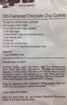 an old - fashioned chocolate chip cookies recipe is shown in the back of a bag