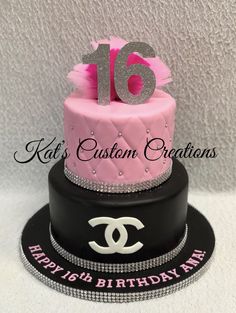 a pink and black birthday cake with the number sixteen on it's top tier