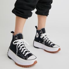 A Sculpted Platform And Toothy, Serrated Sole Jack Up The Stature Of A High-Top Sporting An Iconic Converse Profile And A Debossed Star Framed On The Heel. 1 3/4" Heel; 1 1/4" Platform (Size 8 Women's/6.5 Men's) Removable Ortholite Eco Footbed Textile Or Leather Or Textile And Leather Upper/Synthetic Lining/Rubber Sole Imported Women's, If Between Sizes, Buy 1/2 Size Smaller. Men's Fits True To Size. M(Medium)=D. Unisex: Built On A Unisex Shoe Construction; Signature Full Fit. No Box Red Hightop Converse, All Star Run Star Hike, Run Star Hike High Top, Converse Lugged, Chuck Taylor Black, Maroon Shoes, Converse Platform, Black High Top Sneakers, Converse Jack Purcell