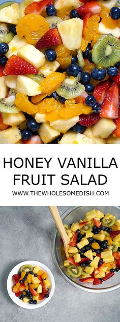 honey vanilla fruit salad with blueberries, kiwis and strawberries in it