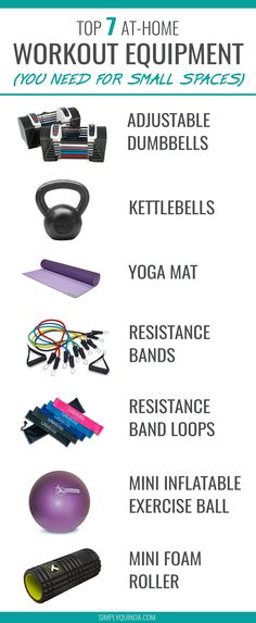 the top 7 home workout equipment that you need for small spaces, including yoga mats, resistance bands, and exercise balls