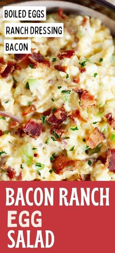 bacon ranch egg salad in a pan with text overlay