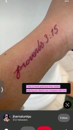 a person with a tattoo on their arm that reads provels 3 15 and the word jesus is written in red ink