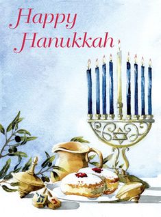 a hanukkah menorah card with candles and fruit on the table