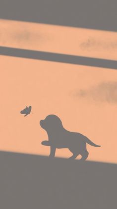 the silhouette of a dog is shown in front of an orange sky with a bird