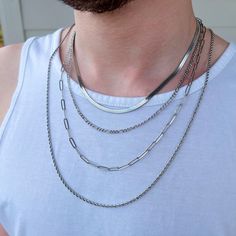 "- SILVER Stainless Steel Layered Chain Necklace for Men - Please choose your chain style, choose your chain length, and enjoy your new stylish chain necklaces! 😊 If you'd like no extender, a 2\" extender, or a longer extender, you can customize this in the personalization box! This item is waterproof, nickel-free, and lead-free. This item is made of high-quality materials and it will NOT tarnish nor discolor for a long time. This item is hypoallergenic so it won't irritate sensitive skin. P R Mens Stainless Steel Necklace, Mens Silver Chain Necklace, Chain Layered Necklace, Elegant Gift Wrapping, Chain Necklace For Men, Chain Necklace Silver, Silver Chain For Men, Layered Chain Necklace, Layered Chain