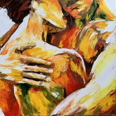 a painting of two people hugging each other with one holding the other's arm