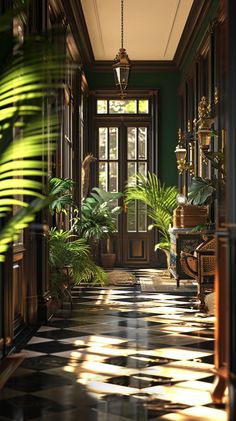 an image of a hallway with plants in the middle and sunlight coming through the windows