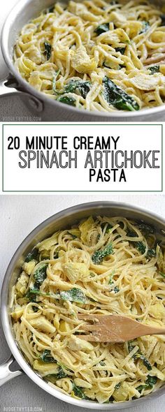 two pans filled with pasta and spinach