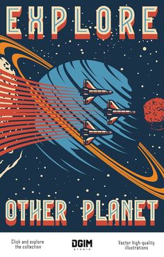 an old poster with space and stars in the background that says explore other planet on it