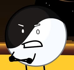 a black and white round object with an angry look on it's face, standing in front of a yellow background