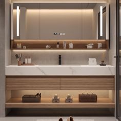 a bathroom with a sink, mirror and towel rack on the wall above it's counter