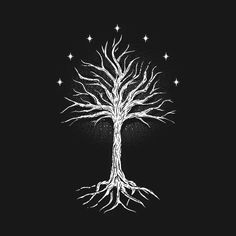 a drawing of a white tree with stars on it's branches in the dark