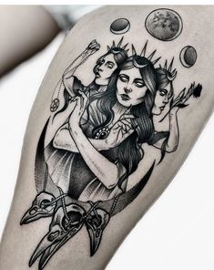 a woman with two birds on her arm and an arrow in the middle of it