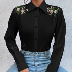 Black Button Down Work Shirt With Flower Shoulder Embroidery. Brand New, Fits Like Medium Embroidery On Button Up Shirt, Embroidered Shirt Collar, Fitted Floral Embroidery Shirt For Workwear, Embroidered Black Collared Shirt, Black Embroidered Collared Shirt, Black Embroidered Top With Collar, Floral Embroidered Shirt For Workwear In Fall, Black Collared Shirt With Floral Embroidery, Collared Floral Embroidery Top For Work