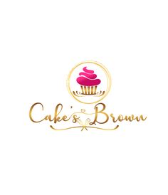 the logo for cake's & brown is gold and has a pink frosted cupcake