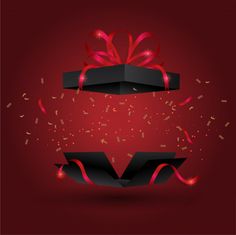 two black boxes with red ribbons and confetti are on a red background the box is open