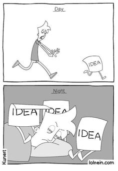 two cartoon comics with one saying idea and the other saying idea