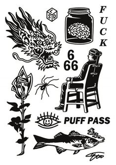 some black and white images with different things on them, including fish, flowers, and leaves