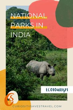 a rhino is standing in the grass near some trees and bushes with text that reads national parks in india