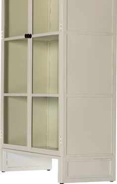 a white cabinet with glass doors and shelves