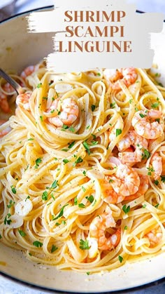 shrimp scampp linguine in a white bowl