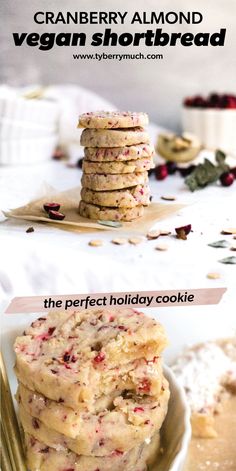 cranberry almond vegan shortbread cookies are stacked on top of each other