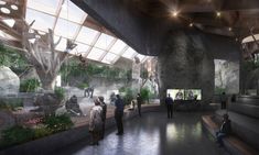 an artist's rendering of the interior of a museum with people looking at animals