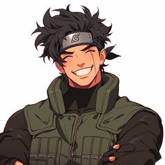 an anime character with his arms crossed, smiling and wearing a green parka jacket