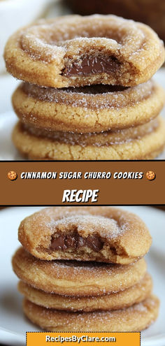 two pictures of cinnamon sugar churro cookies stacked on top of each other with the words recipe below