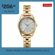 This ladies' drive watch from citizen is a “mini” version of the timeless classic. The graceful style features a gold-tone stainless-steel bracelet, a crisp white face with easy-to-read numerals and a gold-tone three-hand dial. It is the perfect choice for a daily-wear watch that will always work flawlessly, as it's equipped with our patented eco-drive technology.Features: Water Resistant, Quick ShipBattery Type: Lithium CellsJewelry Closure: Fold Over ClaspPower Source: EcodriveWatch Movement:… Graceful Style, Wear Watch, Three Hands, Eco Drive, White Face, Steel Bracelet, Fold Over, Timeless Classic, Stainless Steel Bracelet