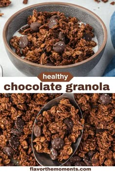 chocolate granola in a bowl and on a spoon with text overlay that reads healthy chocolate granola