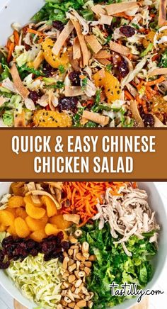 chicken salad with oranges, lettuce and cranberries in a white bowl