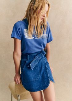 Short wrap skirt;Tie belt at the waist;Hook and eye fastening at the front;Side length 45 cm / 17.7 in (for a 36) Wrap Skirt Outfit, Short Wrap Skirt, Denim Wrap Skirt, Summer Shopping, 70s Outfits, Denim Suit, Dark Blue Denim, Knitwear Dress, Knitwear Tops