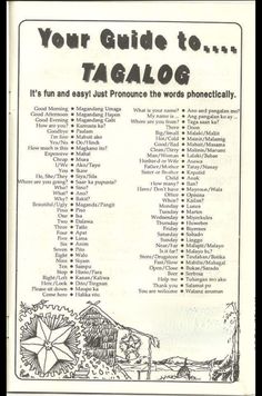 a poster with words and pictures on it that says your guide to tagalog