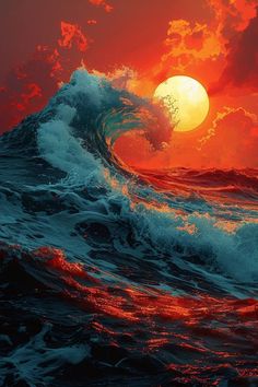 the sun is setting over an ocean wave