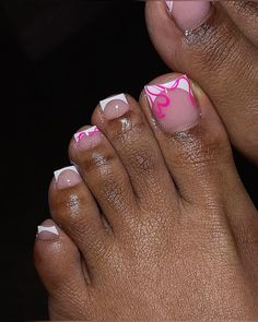 Acrylic Toes Valentines, Junk Toe Nails, Pedicure Designs Toenails Fall, White French Tip Toes With Design, French Tip Pedi, Toe Nail Designs Black Women, Big Toe Design, Acrylic Nails And Toes, Holiday Pedicure Ideas