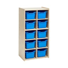 a wooden shelf with blue plastic bins on the bottom and four rows of shelves below