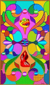 a colorful painting with lots of different colors and designs on it, including an image of shoes